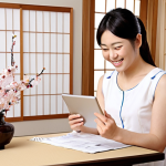 安心できる家事代行サービス選び**

A clean, bright, and welcoming image of a smiling Japanese woman (in her 30s) using a tablet. The screen displays a checklist with items like "会社情報確認済み" (Company info verified), "料金体系明確" (Clear pricing), and "損害保険加入" (Liability insurance). Soft, natural lighting and a modern, minimalist interior design style. The overall impression should convey trust and peace of mind. Subtle use of cherry blossom imagery in the background (perhaps a vase on a table).

**