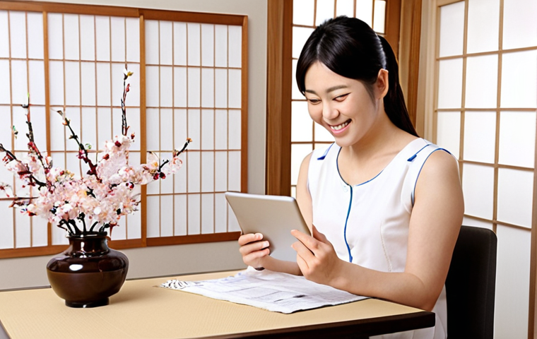 安心できる家事代行サービス選び**

A clean, bright, and welcoming image of a smiling Japanese woman (in her 30s) using a tablet. The screen displays a checklist with items like "会社情報確認済み" (Company info verified), "料金体系明確" (Clear pricing), and "損害保険加入" (Liability insurance). Soft, natural lighting and a modern, minimalist interior design style. The overall impression should convey trust and peace of mind. Subtle use of cherry blossom imagery in the background (perhaps a vase on a table).

**