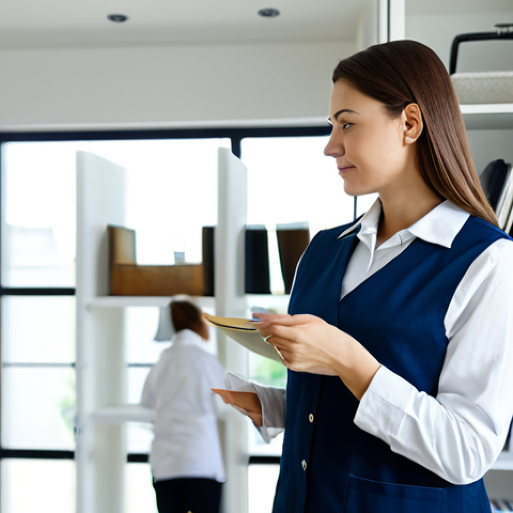 A skilled female professional household service provider, in a modest, clean uniform, meticulously organizing a modern, sunlit living room. She is carefully arranging items on shelves, demonstrating efficiency and attention to detail. The room is tidy and stylish. The overall atmosphere is serene and professional. Perfect anatomy, correct proportions, natural pose, well-formed hands, proper finger count. Professional photography, high quality, realistic, fully clothed, modest clothing, appropriate attire, professional dress, safe for work, appropriate content, family-friendly.