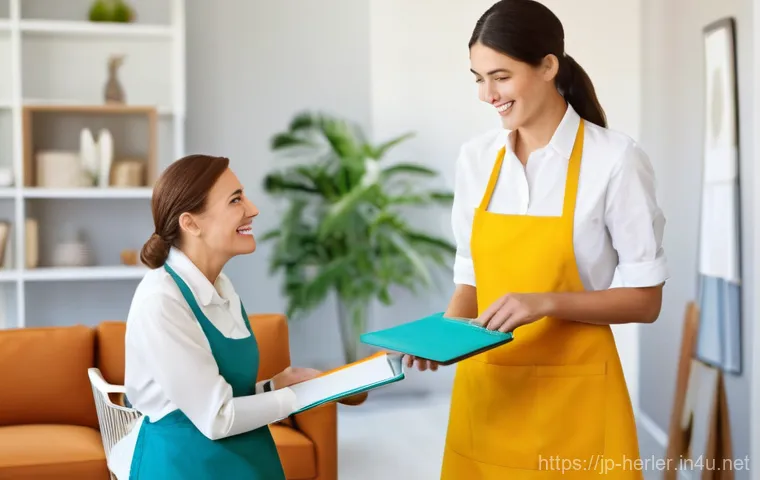 생활가사도우미 자격증 취득 후 경력 전환 방법 - **Prompt:** A warm and inviting scene featuring a professional female Housekeeping Agent, dressed in...