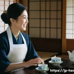 생활가사도우미 취업 후 커리어 확장 방법 - A warm and professional Japanese woman in her 30s wearing a neat, modest outfit and an apron, attent...