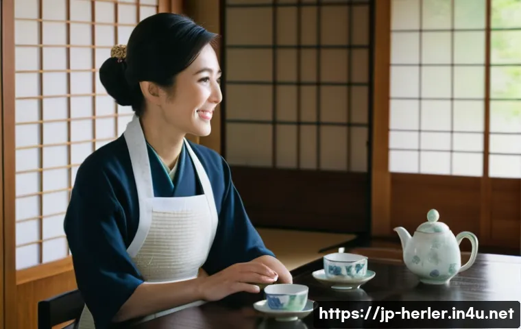 생활가사도우미 취업 후 커리어 확장 방법 - A warm and professional Japanese woman in her 30s wearing a neat, modest outfit and an apron, attent...