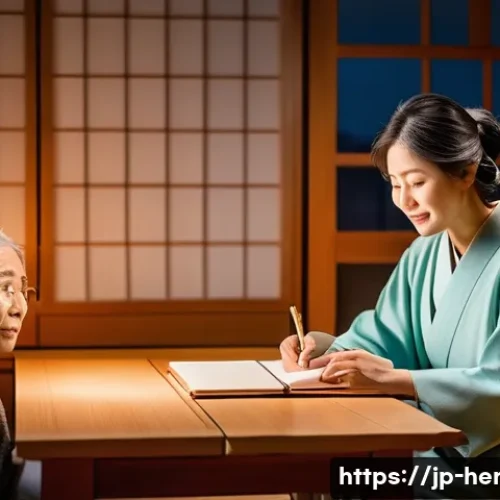 생활가사도우미로서 전문성을 갖추는 법 - A compassionate caregiver attentively listening to an elderly Japanese woman in a cozy, modern home ...
