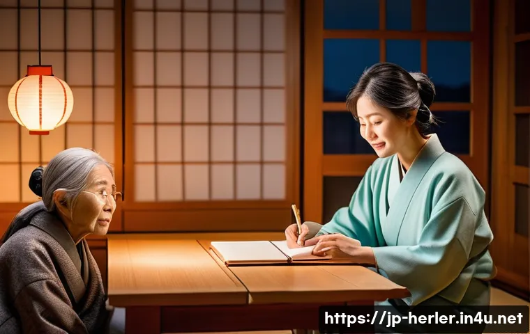 생활가사도우미로서 전문성을 갖추는 법 - A compassionate caregiver attentively listening to an elderly Japanese woman in a cozy, modern home ...