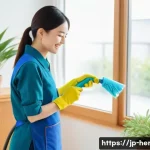 가사도우미로서 지속적으로 자기 개발하는 방법 - A professional Japanese house cleaner using modern cleaning tools in a bright, tidy living room. She...