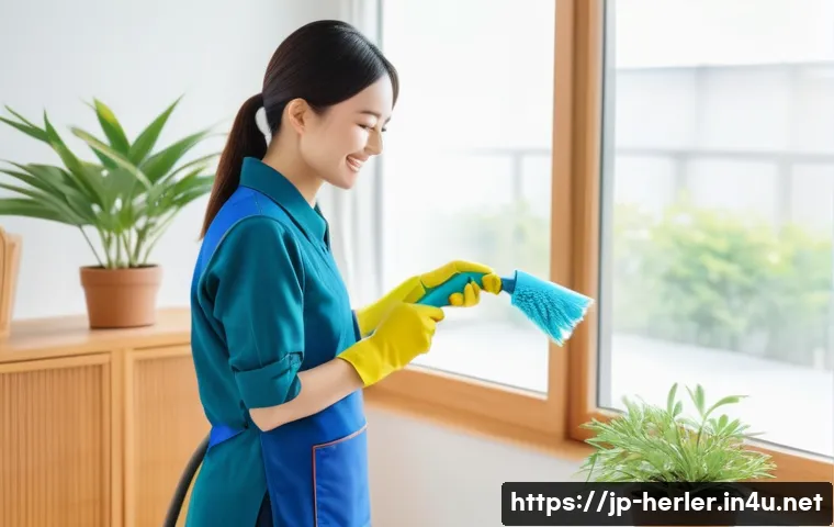 가사도우미로서 지속적으로 자기 개발하는 방법 - A professional Japanese house cleaner using modern cleaning tools in a bright, tidy living room. She...