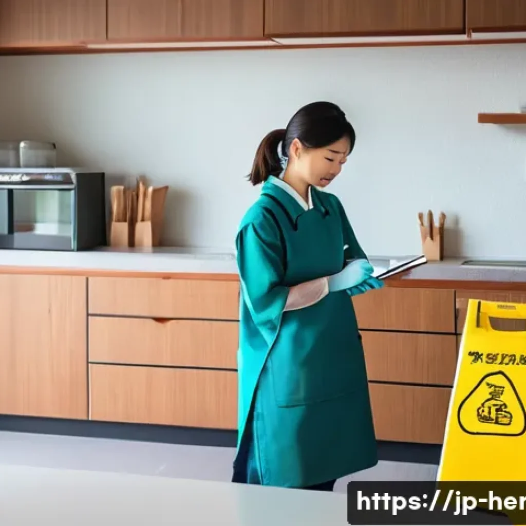 가사도우미 업무 일기 작성 노하우 - A modern Japanese home interior scene showing a professional house cleaner taking detailed notes on ...