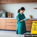 가사도우미 업무 일기 작성 노하우 - A modern Japanese home interior scene showing a professional house cleaner taking detailed notes on ...