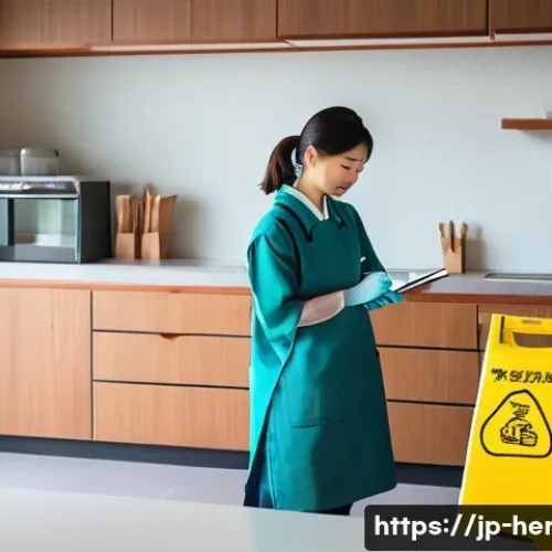 가사도우미 업무 일기 작성 노하우 - A modern Japanese home interior scene showing a professional house cleaner taking detailed notes on ...