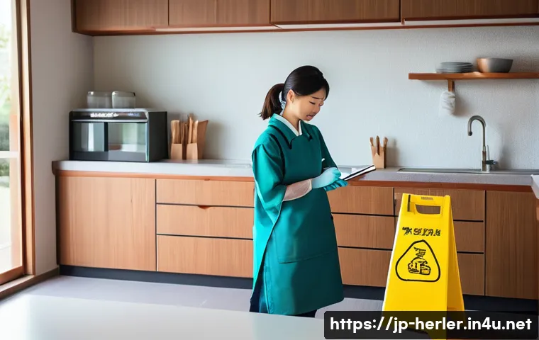 가사도우미 업무 일기 작성 노하우 - A modern Japanese home interior scene showing a professional house cleaner taking detailed notes on ...