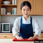 생활가사도우미 실기시험 준비 팁 - A focused Japanese young adult woman practicing household chores in a neat, modern Japanese apartmen...