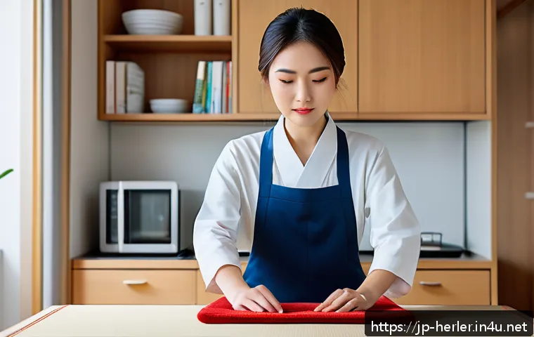 생활가사도우미 실기시험 준비 팁 - A focused Japanese young adult woman practicing household chores in a neat, modern Japanese apartmen...