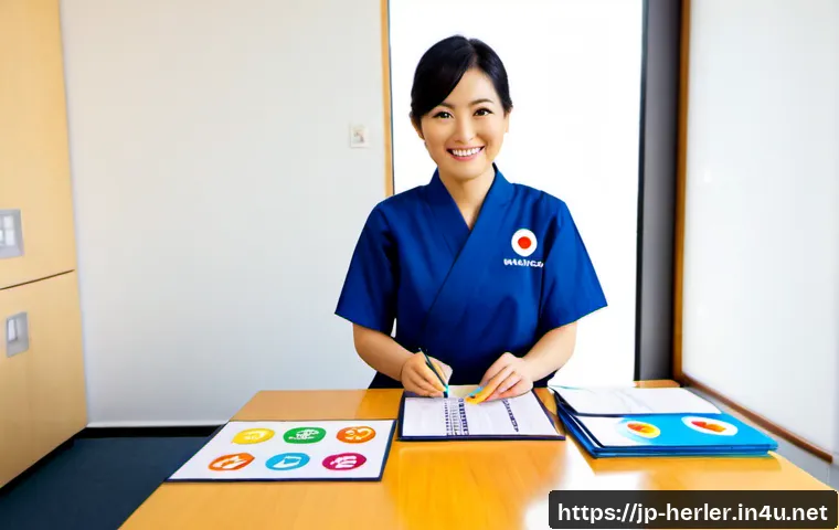 생활가사도우미 관련 자격증 종류와 비교 - Photorealistic Japanese home-care career consultation in a bright modern community center, a Japanes...