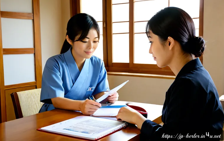 생활가사도우미 자격증 시험 과목별 공부 전략 - Photorealistic Japanese adult woman preparing for a household helper certification exam at a tidy di...